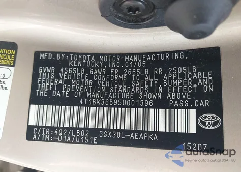 2005 Toyota Avalon Xl/Xls/Touring/Limited из США, поврежденный, VIN 4T1BK36B95U001396